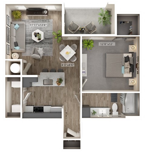 A series of images showing different layouts of a room with a kitchen, living room, and bathroom.